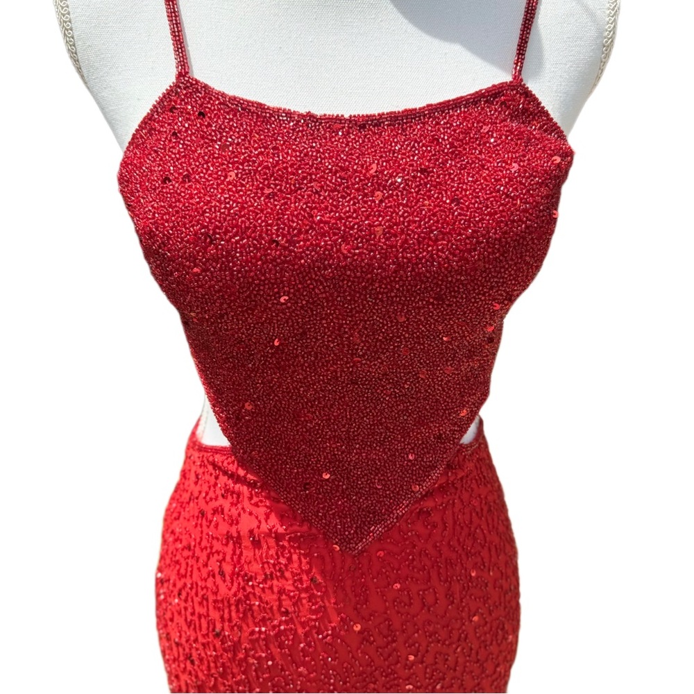 Y2k Scala Red Sequin & Beaded Floor Length Silk O… - image 5